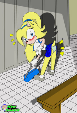 anthro bent_over blue_eyes blush bottomwear clothed clothing female gloves handwear locker locker_room panties school_uniform skirt solo underwear uniform upskirt white_clothing white_gloves white_handwear kyo_saeba sega sonic_the_hedgehog_(series) eulipotyphlan hedgehog mammal absurd_res hi_res