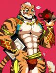 abs anthro biceps blue_eyes clothing countershading fur male muscular muscular_anthro muscular_male nipples pecs red_background simple_background solo bearlovestiger13 nekojishi studio_klondike lin_hu felid mammal pantherine tiger 2018 hi_res