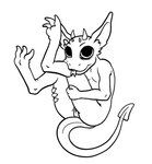 anthro anus blep curled_up female fetal_pose flat_chested genitals horn pointed_tail presenting pussy simple_background solo tail tongue tongue_out white_background slomnir kobold scalie black_and_white monochrome