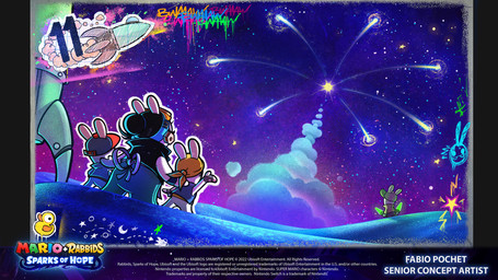 anthro bent_arm black_bottomwear black_clothing black_hair black_pants black_topwear black_vest blue_clothing blue_overalls blue_topwear blue_vest blue_wristband bottomless bottomless_anthro bottomless_female bottomless_male bottomwear clear_sky clothed clothed_anthro clothed_female clothed_male clothing copyright_symbol eyelashes eyewear eyewear_on_head female female_anthro fireworks fully_clothed fully_clothed_anthro fully_clothed_female fully_clothed_male goggles goggles_on_head graffiti green_baseball_cap grey_clothing grey_handwear grey_mittens group hair hair_bun handwear hat headgear headkerchief headwear holding_marshalling_wand holding_object kerchief larger_anthro larger_female light long_ears looking_up male male_anthro marshalling_wand mitten_hands mittens multicolored_body night number nut_(hardware) orange_headkerchief orange_kerchief outline outside overalls overweight overweight_anthro overweight_female pants purple_sky red_clothing red_hat red_headwear sand short_legs size_difference sky smaller_anthro smaller_female smaller_male smoke spacecraft standing star starry_sky straight_arms symbol text title topwear two_tone_body vehicle vest white_outline year fabio_pochet mario_bros mario_plus_rabbids_sparks_of_hope nintendo raving_rabbids rayman_(series) ubisoft momma_(mario_plus_rabbids) lagomorph mammal rabbid 2022 absurd_res artist_name colored crossover digital_drawing_(artwork) digital_media_(artwork) english_description english_text hi_res lighting official_art shaded