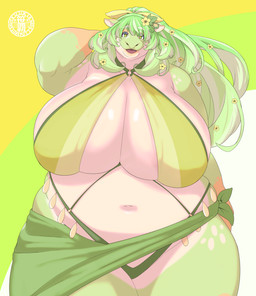 accessory anthro big_breasts bikini bottomwear breasts clothing female female_anthro flower flower_in_hair glistening glistening_breasts green_background green_bikini green_body green_bottomwear green_clothing green_hair green_swimwear hair hair_accessory huge_breasts long_hair looking_at_viewer navel open_mouth overweight overweight_anthro overweight_female plant simple_background small_head smile solo standing swimwear thick_thighs two-piece_swimsuit white_body yellow_flower sasanoha6011 common_hippopotamus hippopotamid mammal hi_res