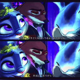 anthro black_tie_(suit) bow_tie clothed clothing duo ears_as_hair female fur hair_bun_ears male multicolored_body multicolored_fur narrowed_eyes open_mouth purple_eyes red_body red_fur suit tan_body tan_fur teeth text nibkman0304 disney zootopia judy_hopps nick_wilde canid canine european_rabbit fox lagomorph leporid mammal oryctolagus rabbit red_fox true_fox 2026 comic hi_res japanese_text translation_request