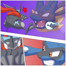 ambiguous_gender anthro black_body black_fur blue_body blue_fur duo fur hair long_tongue open_mouth red_eyes tail text tongue tongue_out ragster_(artist) nintendo pokemon amphibian canid canine generation_4_pokemon generation_6_pokemon greninja mammal mega_evolution mega_lucario pokemon_(species) riolu 1:1 comic digital_media_(artwork) hi_res