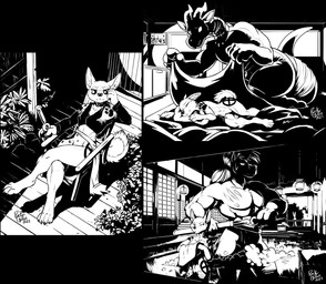 ambiguous_gender anthro bath bed bedding blanket bottomless chair clothed clothing door duo female footprint fur furniture horn inside lamp lantern looking_at_viewer male markings nipples nude pawprint pawprint_(marking) plant silhouette sleeping solo tail rick_griffin in_the_new_age mythology bastion_(rick_griffin) ideka canid canine canis domestic_dog dragon equid equine horse mammal mythological_creature mythological_scalie scalie 2023 black_and_white hi_res monochrome