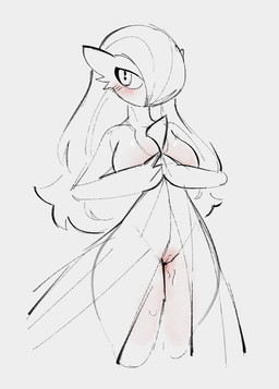 anthro blush bodily_fluids clothing dress female fluffy fluffy_hair genital_fluids genitals hair hair_over_eye hands_together long_hair looking_aside pose small_waist solo standing thick_thighs translucent translucent_clothing vaginal_fluids vulva probablyavv nintendo pokemon gardevoir generation_3_pokemon pokemon_(species) 2023 line_art monochrome restricted_palette