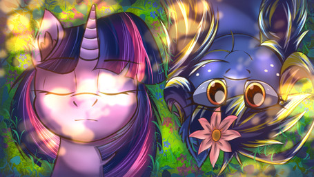 duo eyes_closed female female/female feral flower horn inner_ear_fluff light lying on_back plant relaxing smile sunlight tuft beyondstarynight friendship_is_magic hasbro my_little_pony mythology night_spirit_(oc) twilight_sparkle_(mlp) equid equine mammal mythological_creature mythological_equine unicorn 16:9 widescreen