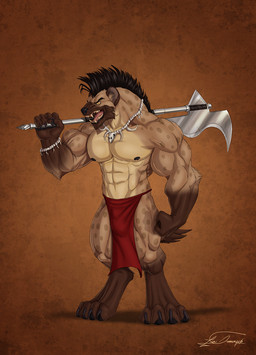 4_toes 5_fingers abs anthro axe barefoot black_hair black_nose bottomwear claws clothed clothing fangs feet finger_claws fingers fur hair hindpaw humanoid_hands jewelry loincloth male markings mohawk muscular muscular_anthro muscular_male navel necklace nipples paws pecs solo spots spotted_body spotted_fur standing teeth toe_claws toes tongue topless topless_anthro topless_male thetigress ragiz_slaughterarm gnoll hyena mammal 2017 hi_res signature