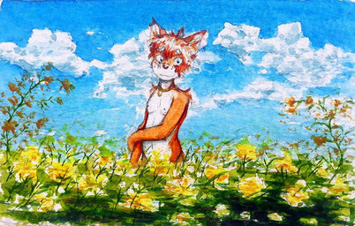 anthro bangs casual_nudity cloud cloudy_sky collar day flower fur hair looking_at_viewer male male_anthro nude nude_anthro nude_male orange_body orange_fur orange_hair outdoor_nudity outside plant pose short_hair sky solo three-quarter_view robbiepanda domestic_cat felid feline felis mammal half-length_portrait painting_(artwork) portrait shaded simple_shading traditional_media_(artwork) watercolor_(artwork)