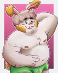 anthro belly bulge clothing floppy_ears male moobs navel nipples one_eye_closed open_mouth overweight overweight_male simple_background solo underwear wink 06junior11 lagomorph leporid mammal rabbit 2023 hi_res