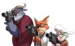 anthro camera clothing female fingerless_gloves frown fur gloves group gun handwear horn male parody ranged_weapon simple_background size_difference smile weapon white_background bei_ju_luoxuan_wan disney gintama golgo_13 zootopia chief_bogo dawn_bellwether kondou_isao matsudaira_katakuriko nick_wilde okita_sougo bovid bovine canid canine cape_buffalo caprine domestic_sheep fox mammal red_fox sheep true_fox 2016