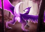 anus anus_only butt feathered_wings feathers feral forest fur looking_at_viewer looking_back outside plant purple_body purple_feathers purple_fur raised_tail rear_view solo tail tree wings twstacker mythology arith avian gryphon mythological_avian mythological_creature 2018