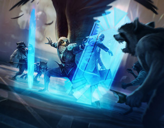 anthro armor beak bottle bottomwear brown_body brown_feathers clothing container dutch_angle feathered_wings feathers fur group holding_bottle holding_container holding_melee_weapon holding_object holding_shield holding_weapon magic male melee_weapon pants shield shirt topwear weapon wings borja_pindado hasbro magic:_the_gathering wizards_of_the_coast avian human mammal procyonid raccoon official_art