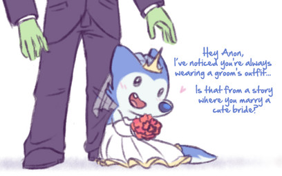 age_difference anonym anthro blue_body blue_fur blush clothed clothing crossdressing dialogue dress duo flower fur heart_symbol looking_at_viewer male male/male open_mouth open_smile plant size_difference smile smiling_at_viewer text wedding_dress young young_anthro anonymous_artist lupin's_tales tiny_bad_wolf anon lupin_(lupin's_tales) canid canine canis human mammal wolf english_text