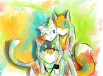 :3 ;3 ;d anthro arms_around_neck bell bell_collar black_eyes bracelet collar colorful_background eyes_closed fur grey_eyes group hair_between_eyes headpat hug hugging_another hugging_from_behind jewelry jingle_bell long_sleeves male male_focus one_eye_closed orange_body orange_fur orange_tail paint_splatter remake smile tail white_body white_fur white_tail tohfu fayt_(tohfu) kiba_(tohfu) kyo_(tohfu) canid canine canis domestic_cat domestic_dog felid feline felis fox mammal shiba_inu spitz colorful_theme