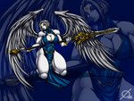 big_breasts breasts cleavage clothed clothing feathered_wings feathers female melee_weapon polearm solo spear weapon wings osmar-shotgun humanoid winged_humanoid hi_res