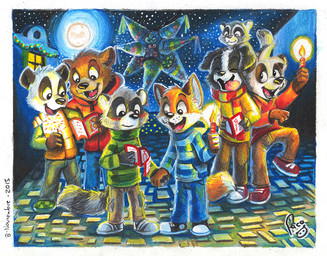 anthro bottomwear candle candlelight candlestick cheek_tuft clothed clothing detailed_background dipstick_tail eyewear facial_tuft feet_together footwear fully_clothed gloves_(marking) goggles group happy head_tuft light male male/male markings moonlight multicolored_tail night open_mouth open_smile pants pinata plantigrade scarf shirt shorts smile tail tail_markings topwear tuft young young_anthro young_male pandapaco art_(pandapaco) biro_(pandapaco) julio_(pandapaco) nemo_(pandapaco) parinton rocky_(pandapaco) roni_(imroni) bear border_collie canid canine canis collie domestic_dog fox giant_panda herding_dog mammal pastoral_dog procyonid raccoon sheepdog 2015 signature traditional_media_(artwork)