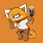 alcohol anthro barefoot beverage biped blush clothed clothing drunk eyelashes feet female open_mouth orange_background simple_background smile solo substance_intoxication gabbah aggretsuko sanrio retsuko ailurid mammal red_panda 1:1 hi_res