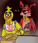 eating female food machine male pizza purple_eyes phillip-banks renee-moonveil five_nights_at_freddy's scottgames chica_(fnaf) foxy_(fnaf) animatronic avian bird canid canine chicken fox galliform gallus_(genus) mammal phasianid robot 2014 collaboration