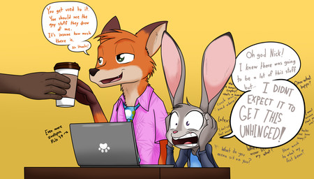 ambiguous_gender anthro buckteeth clothing coffee_cup collared_shirt computer container cup dress_shirt electronics female fur green_eyes grey_body grey_fur group laptop male multicolored_body multicolored_fur necktie open_mouth orange_body orange_fur shirt speech_bubble teeth text topwear trio two_tone_body two_tone_fur sandwich-anomaly disney zootopia judy_hopps nick_wilde canid canine european_rabbit fox human lagomorph leporid mammal oryctolagus rabbit red_fox true_fox 2025 digital_media_(artwork) english_text