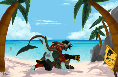 anal anal_penetration anthro balls beach big_balls big_ears big_penis black_body black_fur bodily_fluids bulge butt clothing dominant dominant_male duo erection exhibitionism feet femboy fur genitals hair looking_pleasured male male/male male_penetrated male_penetrating male_penetrating_male markings muscular muscular_anthro nude open_mouth outside palm_tree pawpads paws penetration penile penis pinned pinned_to_ground plant public public_nudity public_sex questionable_consent red_body rock sand sea seaside sex shark_tail simile sky smile spread_legs spreading stripes submissive submissive_male swimming_trunks swimwear tail toes tongue tongue_out tree tuft warning_sign water yellow_body yellow_fur lazaxus myles_black oryx_(zarif) aquatic fish lagomorph leporid mammal rabbit requiem_shark scalie shark tiger_shark absurd_res digital_media_(artwork) hi_res