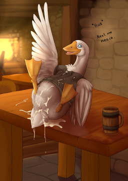 after_cloacal after_sex ambiguous_gender anatomically_correct anatomically_correct_cloaca anatomically_correct_genitalia animal_genitalia avian_butt beak bodily_fluids cloaca clothed clothed_feral clothing container cum cum_everywhere cum_in_cloaca cum_inside cup dialogue drunk feathered_wings feathers feet feral furniture genital_fluids genitals lying membrane_(anatomy) messy open_beak open_mouth pink_cloaca shirt smile solo substance_intoxication table tail tail_feathers talking_feral tavern teeth toes toothed_beak topwear webbed_feet white_body white_feathers wings lizardlars anatid anseriform anserine avian bird goose absurd_res hi_res