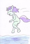 anthro eyes_closed female horn jumping nude smile solo water young young_anthro reddragonkan friendship_is_magic hasbro my_little_pony mythology tootsie_flute_(mlp) equid equine horse mammal mythological_creature mythological_equine pony unicorn traditional_media_(artwork)