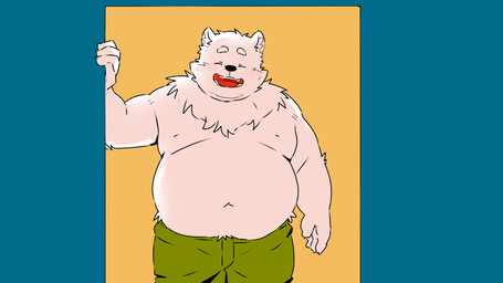 4_fingers anthro belly big_belly black_nose blush bottomwear clothing eyes_closed fingers happy humanoid_hands kemono male moobs navel nipples overweight overweight_male shorts simple_background smile solo standing inunoshippo canid canine canis domestic_dog mammal 16:9 2026 hi_res widescreen