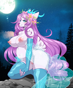 5_fingers anthro armwear barely_visible_genitalia barely_visible_vulva belly big_belly blue_hair blue_nose breasts clothing female fingers full_moon fur genitals hair humanoid_hands legwear moon mostly_nude mostly_nude_anthro mostly_nude_female navel night nipples outdoor_nudity outside pregnant pregnant_anthro pregnant_female smile solo thigh_highs vulva white_body white_fur luckypan selene_ferona deer mammal hi_res