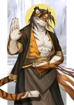 accessory anthro claws hair headband long_hair male solo striped_body stripes yellow_eyes yellow_headband orca_(artist) arknights hypergryph studio_montagne huai_tianpei_(arknights) felid mammal pantherine tiger