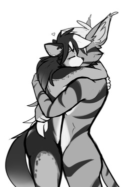 anthro duo ear_piercing female fur gauged_ear hair hug intimate male nude piercing simple_background tail observerdoz cat_guy_(observerdoz) stigmata_(observerdoz) domestic_cat felid feline felis hyena mammal absurd_res hi_res monochrome