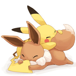 =w= ambiguous_gender bite blush blush_stickers brown_body brown_fur closed_smile daww duo eyes_closed feral fur kemono mouth_closed nibbling simple_background smile tail tail_bite tail_in_mouth white_background yellow_body yellow_fur misonikomiii47 nintendo pokemon eevee generation_1_pokemon pikachu pokemon_(species) 1:1 2020 cel_shading digital_drawing_(artwork) digital_media_(artwork) icon shaded unavailable_at_source