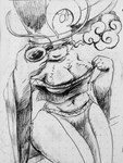 anthro blush breasts clothed clothing exposed_breasts female one_eye_closed partially_clothed solo thick_thighs wink strawbdragon lagomorph leporid mammal rabbit 3:4 absurd_res hi_res monochrome traditional_media_(artwork)