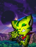 anthro breasts clothed clothing eyes_closed female fingerless_gloves fur gloves green_body green_fur handwear midriff scarf solo ses_loera_lopez freedom_planet galaxytrail carol_tea felid feline felis mammal wildcat hi_res