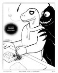 anthro black_body black_skin border clothing cutting_board dialogue duo fish_meat food hoodie lure_(anatomy) male meat pupils scared shaking simple_background small_pupils smile speech_bubble spices text topwear trembling white_background white_border white_clothing white_hoodie white_topwear worried worried_look sharkinthepark anvil_(sharkinthepark) komo_(sharkinthepark) anglerfish fish komodo_dragon lizard marine monitor_lizard reptile scalie 2025 4:5 absurd_res black_and_white comic english_text hi_res monochrome