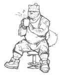 anthro bottomwear bulge clothing footwear fur hat headgear headwear homeless hot_beverage kemono knit_hat male muscular musical_note musical_symbol pants shirt shoes solo symbol tank_top topwear john69tsuyoshi mr._knit_hat canid canine canis domestic_dog mammal monochrome