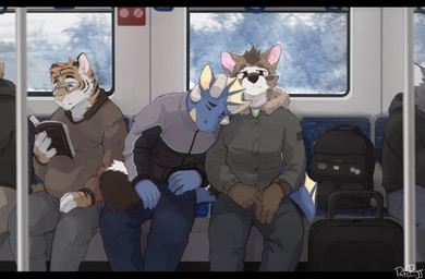 5_fingers anthro backpack biped black_body black_ears black_fur black_nose black_stripes blue_body blue_ears book bottomwear brown_body brown_ears brown_fur cheek_tuft clothing eyes_closed eyewear facial_tuft fingers frill_(anatomy) front_view fur glasses glistening glistening_eyes green_eyes group hand_on_leg head_crest head_frill holding_book holding_object inside_train jacket male orange_body orange_fur pants pink_inner_ear pink_nose plant reading reading_book red_eyes round_glasses sitting sleeping striped_body striped_fur stripes tail topwear train tree trio_focus tuft vehicle whiskers white_body white_fur white_inner_ear yellow_inner_ear pache_riggs mythology dragon felid mammal mythological_creature mythological_scalie pantherine procyonid raccoon scalie tiger absurd_res hi_res