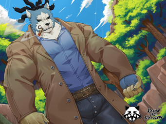 anthro belt black_sclera blue_body blue_fur bulge cigar clothed clothing dreadlocks forest fur male multicolored_body multicolored_fur outside plant smoke smoking solo tree two_tone_body two_tone_fur white_body white_fur ratontheraccoon my_hero_academia chojuro_kon canid canine canis mammal wolf hi_res