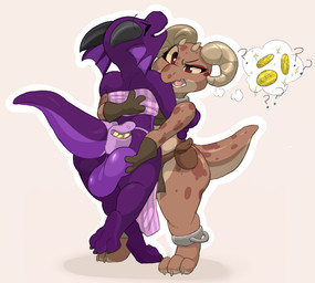 3_toes 4_fingers anthro backsack bag ball_fondling ball_grab balls big_balls big_butt bottomwear brown_body brown_skin bubble_butt butt chest_wraps claws clothing coin countershade_feet countershading duo eyelashes eyes_closed feet female femboy fingers fondling frill_(anatomy) genitals gloves hand_on_balls handwear horn hug huge_balls loincloth male male/female membrane_(anatomy) membranous_frill open_mouth paws purple_balls purple_body purple_skin red_eyes shortstack shortstack_female shortstack_male simple_background smile tail teeth thick_thighs toe_claws toes tongue wide_hips wraps backsash mythology piko_(simplifypm) plum_(plumbold) dragon kobold mythological_creature mythological_scalie reptile scalie 2018 digital_media_(artwork) hi_res