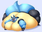 anime_eyes anthro ass_up belly belly_on_ground belly_overhang big_belly big_butt black_body bloated blue_body blush bodily_fluids butt cheek_bulge huge_belly huge_butt huge_hips huge_thighs hyper hyper_belly lying male moobs morbidly_obese morbidly_obese_anthro multicolored_body nude obese obese_anthro obese_male on_front on_ground one_eye_closed overweight overweight_anthro overweight_male presenting presenting_hindquarters raised_tail red_eyes smile solo sweat sweaty_face tail thick_thighs wide_hips yellow_body senakun0530 nintendo pokemon generation_4_pokemon lucario pokemon_(species) hi_res