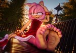 3d_(artwork) 5_toes 699mha amy_rose anthro barefoot bench bodily_fluids bracelet clothed clothing digital_media_(artwork) eulipotyphlan feet female foot_fetish foot_focus fur green_eyes hedgehog hi_res humanoid_feet jewelry mammal outside park pink_body pink_fur plant plantigrade public sega soles solo sonic_the_hedgehog_(series) sweat sweaty_feet toes tree