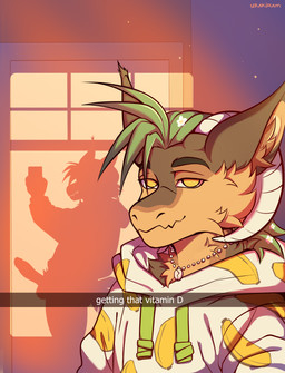 anthro banana bottomless brown_body brown_fur caption clothed clothing food fruit fur genitals grass_hair hoodie hoodie_only horn humanoid_genitalia humanoid_penis male penis penis_shadow plant selfie shadow shell_necklace smug solo topwear topwear_only urakiram kalei_(hydro19) elemental_creature flora_fauna furred_kobold furred_scalie hybrid kobold scalie absurd_res hi_res