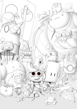 ambiguous_gender appliance armless bent_legs bow_tie carrying_another clothing dot_eyes drill_nose ear_piercing ear_ring empty_eyes eyebrows feral group hair hat headgear headwear holding_object holding_saw holding_tool hoop_ear_ring kitchen_appliance larger_ambiguous larger_humanoid larger_male light_bulb limbless machine male metallic_body mouth_closed mouthless noseless not_furry_focus open_mouth open_smile piercing plug ring_piercing saw simple_background simple_eyes sitting size_difference smaller_ambiguous smaller_humanoid smaller_male smile spikes standing_on_another teeth thin_legs toaster tools treads white_background white_body white_bow_tie white_clothing white_eyebrows white_hair white_hat white_headwear fabio_pochet robot_boy_(fabio_pochet) amphibian cephalopod coleoid frog humanoid hybrid marine mollusk octopodiform octopus robot robot_humanoid 2021 absurd_res digital_drawing_(artwork) digital_media_(artwork) english_description greyscale hi_res monochrome shaded unfinished