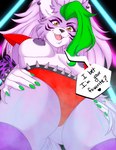 anthro areola breasts clothed clothing dialogue female fur heart_symbol medium_breasts nipple_piercing nipples open_mouth panties piercing purple_areola purple_body purple_fur purple_nipples question_mark solo text topless underwear octacats five_nights_at_freddy's five_nights_at_freddy's:_security_breach scottgames steel_wool_studios roxanne_wolf canid canine canis mammal wolf 2022 absurd_res digital_media_(artwork) english_text hi_res