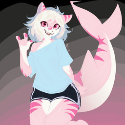 3_fingers 4_fingers abstract_background ambiguous_gender anthro athletic_wear barefoot big_tail biped black_background black_bottomwear black_clothing black_shorts blonde_hair blue_clothing blue_hair blue_shirt blue_topwear bottomwear claws clothed clothed_anthro clothing countershading devil_horns_(gesture) dolphin_shorts eyelashes fangs feet female female_anthro femboy fin fingers front_view fully_clothed gesture gills glistening grey_hair gym_bottomwear gym_shorts hair hand_gesture hotpants kneeling long_tail looking_at_viewer male markings multicolored_body multicolored_hair off_shoulder open_mouth open_smile oversized_clothing pawpads paws pink_body pink_eyes pink_hair pink_markings pink_pawpads pink_skin pink_tail shark_tail sharp_teeth shirt short_hair shorts simple_background sitting smile smiling_at_viewer snout solo sportswear striped_body striped_markings striped_tail stripes t-shirt tail tail_fin tail_markings teeth text thick_tail thick_thighs toes tongue topwear two_tone_body two_tone_hair waving white_body white_clothing white_countershading white_hair white_skin wide_hips k441z changed_(video_game) tiger_shark_(changed) aquatic fish requiem_shark shark tiger_shark 1:1 hi_res