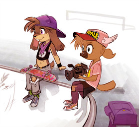 5_fingers anthro backwards_baseball_cap backwards_hat baseball_cap beak belly belly_nipples biped black_bottomwear black_clothing black_eyes black_nose black_skirt blue_bottomwear blue_clothing blue_footwear blue_pants blue_shoes bottomwear brown_beak brown_body brown_hair brown_tail buckteeth camera closed_smile clothed clothed_anthro clothed_female clothing denim denim_bottomwear denim_clothing detailed_background duo female female_anthro fingers footwear freckles fully_clothed fully_clothed_anthro fully_clothed_female fur green_clothing green_footwear green_socks hair hair_through_hat hat headgear headwear holding_camera holding_object holding_video_camera humanoid_hands kerchief legwear long_ears medium_hair monotone_body monotone_fur mouth_closed multi_nipple multicolored_body multicolored_clothing multicolored_footwear multicolored_fur multicolored_shoes navel nipples outside pants pink_clothing pink_footwear pink_hat pink_headwear pink_inner_ear pink_shirt pink_shoes pink_topwear ponytail print_clothing print_shirt print_tank_top print_topwear purple_backpack purple_clothing purple_eyes purple_hat purple_headwear purple_kerchief purple_legwear scut_tail shirt shoes short_tail sitting skate_park skateboard skirt skull_symbol small_tail smile snout socks t-shirt tail tan_body tan_fur tank_top teeth topwear torn_bottomwear torn_clothing torn_pants two_tone_body two_tone_clothing two_tone_footwear two_tone_fur two_tone_shoes two_tone_tail vehicle video_camera white_sclera young young_anthro young_female horemheb nicole_meadowsong canid canine fox lagomorph leporid mammal monotreme platypus rabbit 2026 absurd_res colored digital_drawing_(artwork) digital_media_(artwork) hi_res shaded