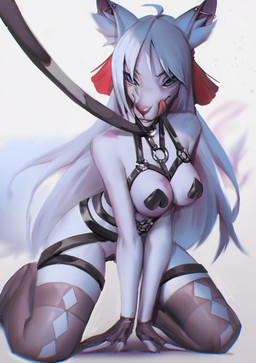 anthro barbell_piercing black_clothing black_gloves black_handwear black_leash blue_eyes brown_clothing brown_legwear clothing ear_piercing female fur gloves hair handwear harness industrial_piercing inner_ear_fluff kneeling leash legwear licking licking_lips licking_own_lips looking_at_viewer pasties piercing red_tongue self_lick simple_background solo tongue tongue_out tuft unsigned white_background white_body white_fur white_hair white_inner_ear_fluff shermugi shiro_(eurydyce) canid canine canis mammal wolf 2021 full-length_portrait hi_res portrait