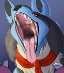 anthro bodily_fluids looking_at_viewer male mouth_shot open_mouth saliva saliva_string scarf solo teeth throat tongue tongue_out slimyjaws nintendo pokemon wuffles generation_4_pokemon lucario pokemon_(species) hi_res