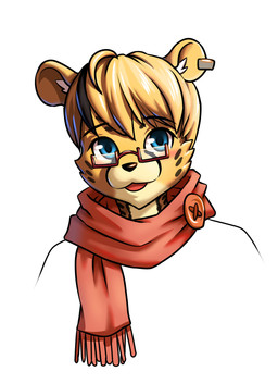 anthro blonde_hair blue_eyes ear_piercing ear_ring eyewear front_view fur glasses glistening glistening_eyes hair male markings open_mouth piercing rectangular_glasses red_scarf ring_piercing scarf simple_background solo spots spotted_body spotted_fur unsigned white_background yellow_body yellow_fur papayafurry felid mammal bust_portrait hi_res portrait