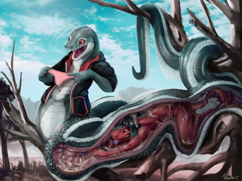 abdominal_bulge anthro black_hair bodily_fluids clothed clothing day detailed_background digestion duo esophageal_sphincter female female_prey green_body green_scales hair happy inside_stomach internal jacket male male_pred multicolored_body multicolored_scales nature nature_background nude open_mouth oral_vore orange_eyes organs outside panties partially_clothed plant red_body red_scales round_head scales scaly_tail sky stomach stomach_acid tail tongue tongue_out topwear tree two_tone_body two_tone_scales two_tone_tail underwear vore conditional_dnp kiva~ kiva_(kiva) lizard reptile scalie snake 2020 hi_res