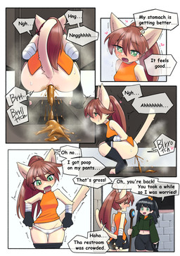 anthro bathroom blush brown_hair clothing crouching diarrhea duo enjoying_the_go fart feces female fingerless_gloves footwear fur gloves green_eyes hair handwear heart_symbol long_tail looking_pleasured orange_clothing pooping public_restroom relieved rumbling_stomach skinny socks soiling soiling_underwear speech_bubble tail thought_bubble toeless_footwear toeless_socks yellow_body yellow_fur unoroute domestic_cat felid feline felis human mammal comic